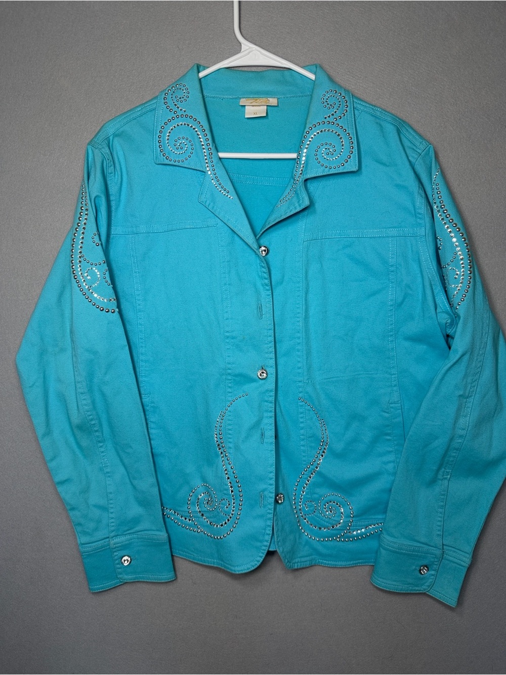 Tea Designs Turquoise Button-Front Jacket with rhinestone embellishment
